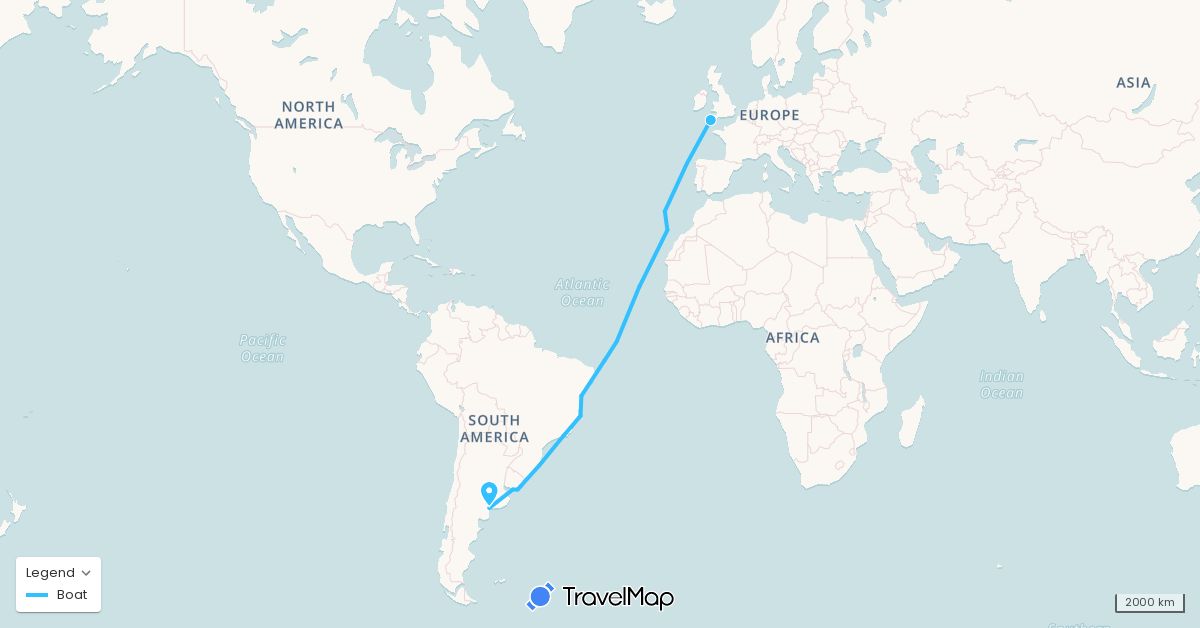 TravelMap itinerary: driving, boat in Argentina, Brazil, Cape Verde, Spain, United Kingdom, Portugal, Uruguay (Africa, Europe, South America)